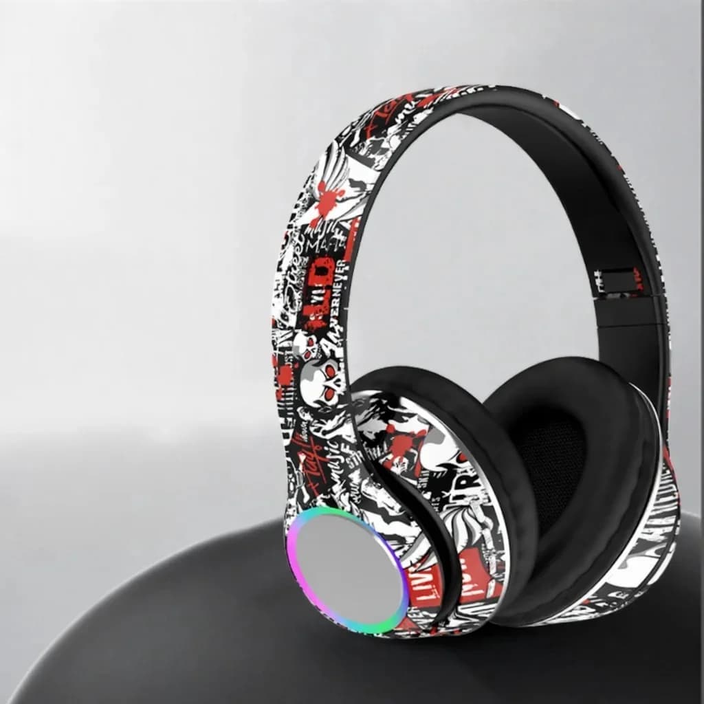 Graffiti Over-Ear Bluetooth Headphones with LED Lights and Deep Bass