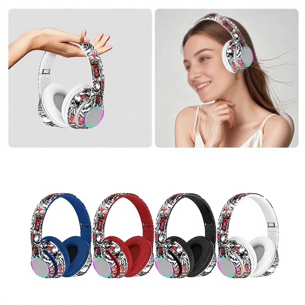 Graffiti Over-Ear Bluetooth Headphones with LED Lights and Deep Bass