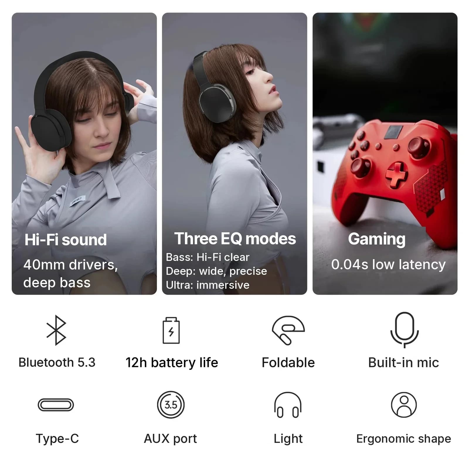 Wireless Over-Ear Bluetooth Headphones with Three EQ Modes and Mic