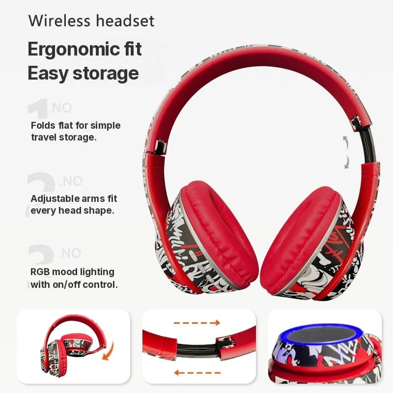 Graffiti Over-Ear Bluetooth Headphones with LED Lights and Deep Bass