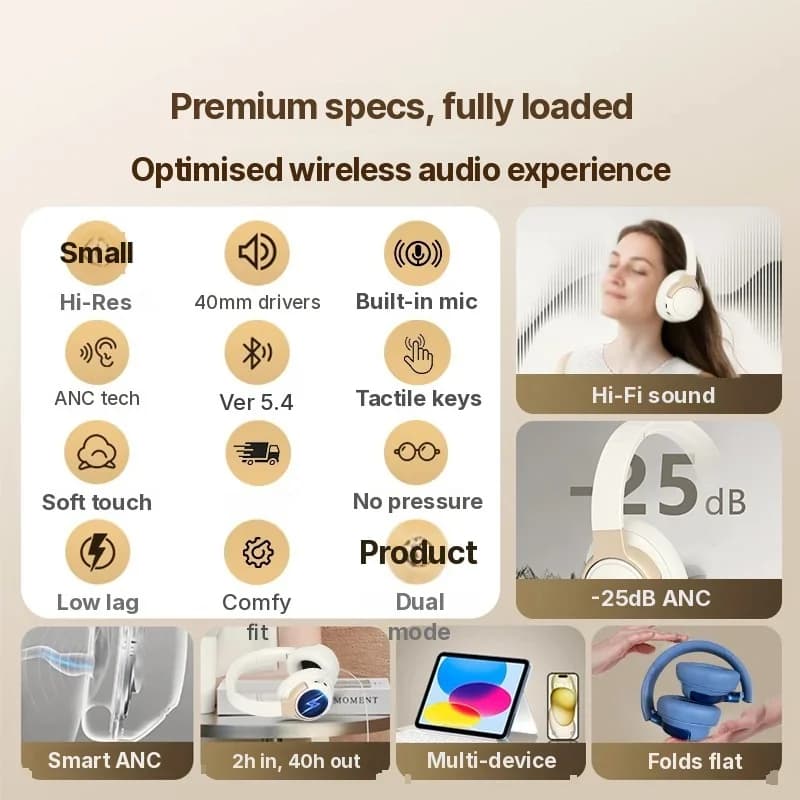 Over-Ear Wireless Headphones with Active Noise Cancelling and 35h Battery