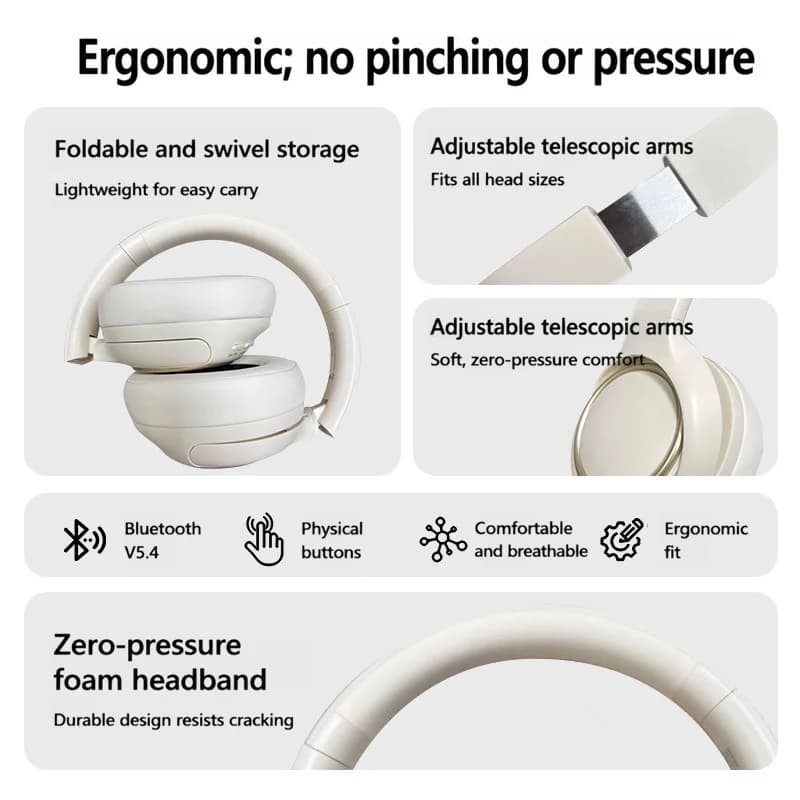 Active Noise Cancelling Wireless Headphones with Mic, 35H Battery