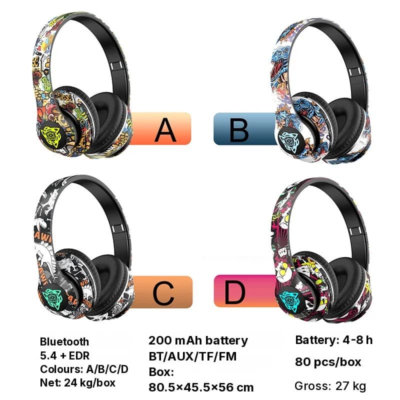 Ασύρματα Ακουστικά Bluetooth Over-Ear με Σχέδιο Graffiti και Αναδιπλούμενα